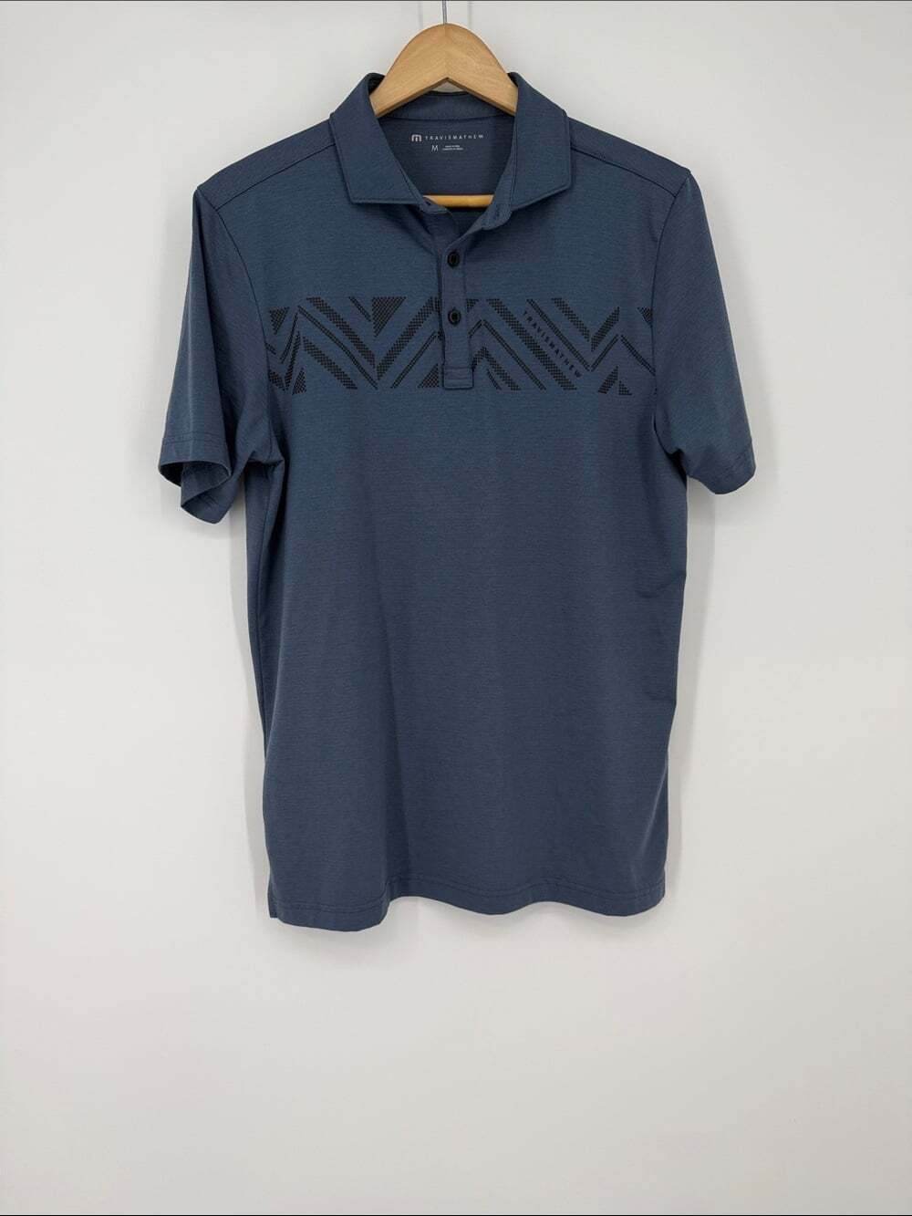Travis Mathew Slate Blue Polo with Geometric Chest Stripe